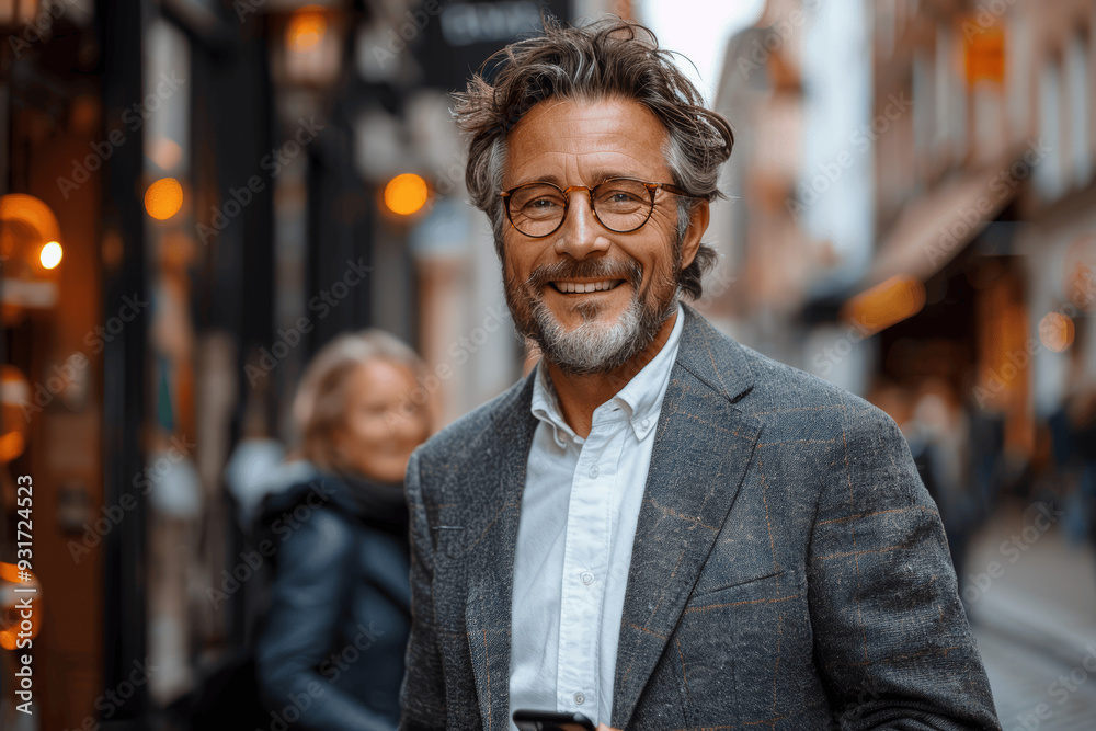 Middle Aged Man Smiling Wearing Glasses And Blazer On Urban Street Middle Aged Man Smiling Wearing Glasses And Blazer On Urban Street