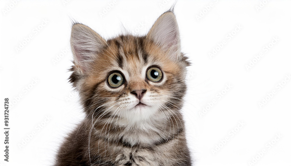 An isolated image of a curious kitten sitting on a white background, with its ears perked up and eyes wide, capturing its playful and inquisitive nature. An isolated image of a curious kitten sitting on a white background, with its ears perked up and eyes wide, capturing its playful and inquisitive nature.