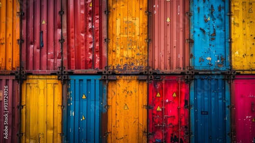 Close-up of shipping containers with vibrant colors and unique identification codes