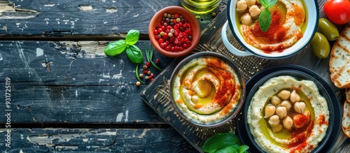Wallpaper Mural Hummus platter featuring a variety of snacks Hummus in a bowl vegetable sticks chickpeas and olive oil Vegetables hummus dip copyspace Top view White wooden background Torontodigital.ca