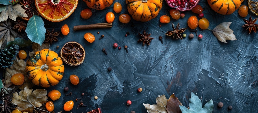 Autumn backdrop featuring fruits and spices with dried flowers with space for text top view. with copy space image. Place for adding text or design Autumn backdrop featuring fruits and spices with dried flowers with space for text top view. with copy space image. Place for adding text or design