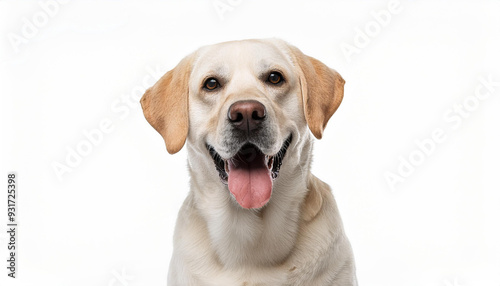 An isolated image of a friendly Labrador Retriever sitting on a white background, with its tail wagging and a happy expression, perfect for pet-themed content or family-oriented projects.