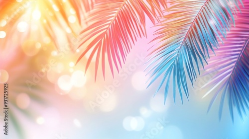 Abstract summer frame with colorful palm leaves and bokeh lights