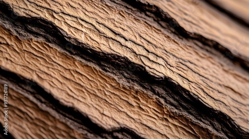 Shagbark hickory bark in high detail, with elongated strips curling away, highlighting its rough and rugged texture under natural lighting photo