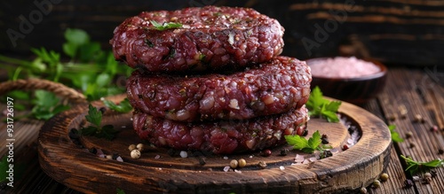 Composition featuring raw cutlets made from fresh forcemeat on a wooden background. with copy space image. Place for adding text or design photo