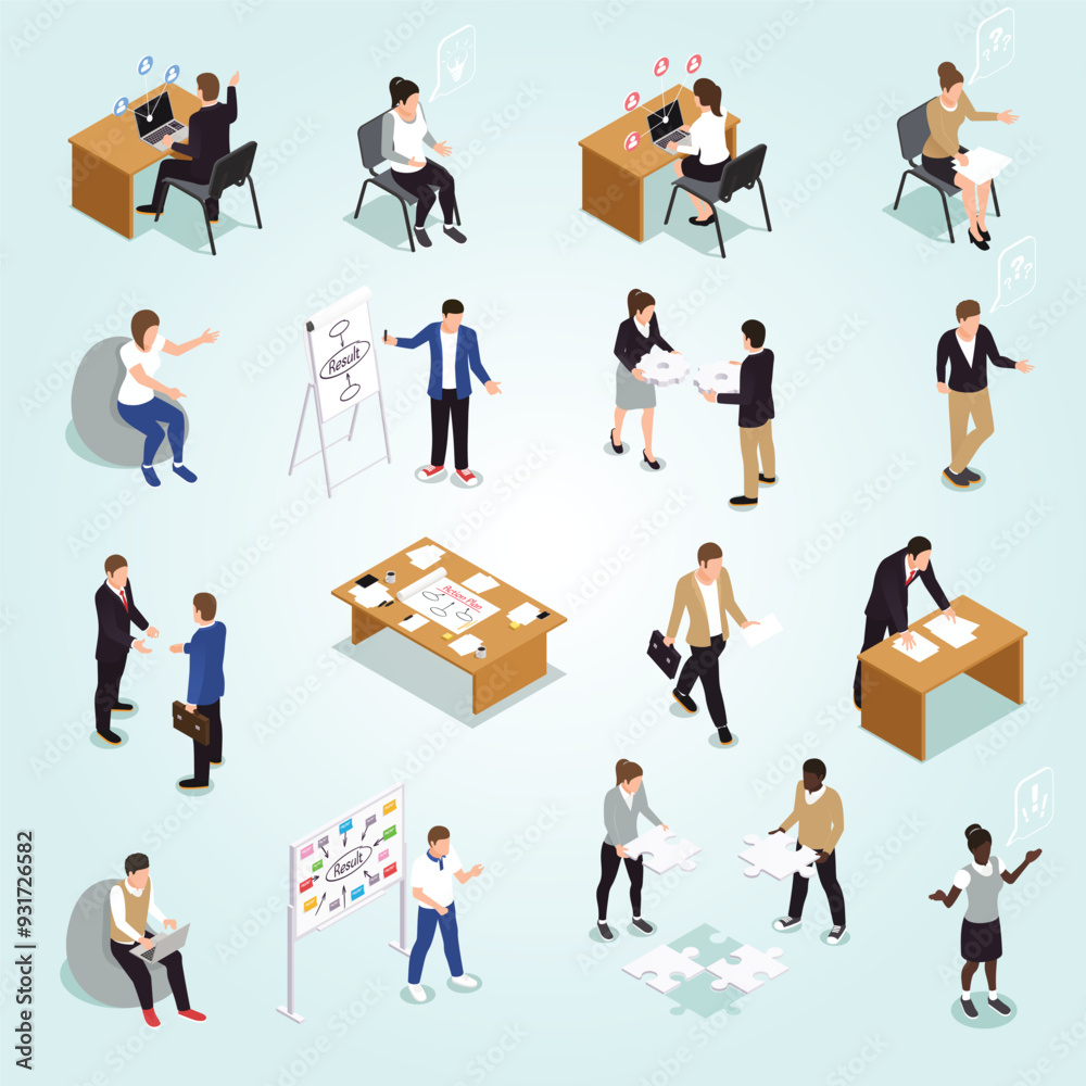 Teamwork efficient collaboration isometric icons collection with interacting unified sharing ideas brainstorming decisions making people Teamwork efficient collaboration isometric icons collection with interacting unified sharing ideas brainstorming decisions making people