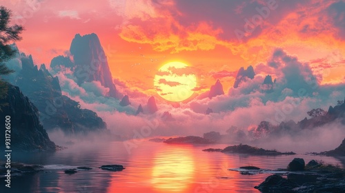 Futuristic landscape at the sunset