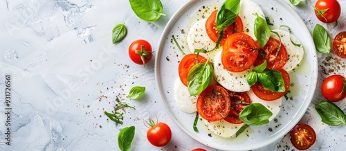 A top view of a plate of Italian Caprese salad featuring Mozzarella cheese and cherry tomatoes photographed from above on a light background with space for text. with copy space image