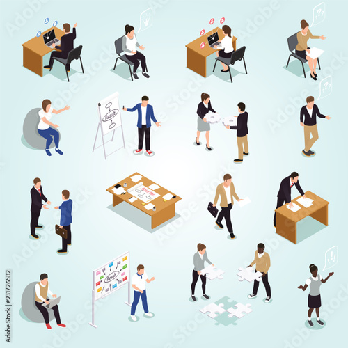 Teamwork efficient collaboration isometric icons collection with interacting unified sharing ideas brainstorming decisions making people