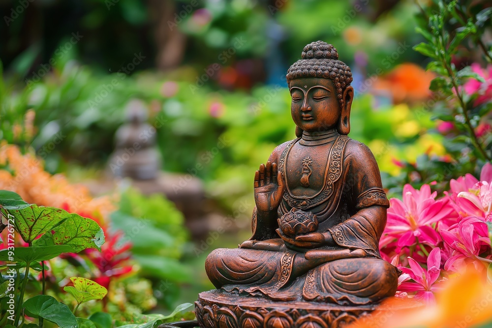 A serene Buddha statue sits in a lush garden, surrounded by colorful flowers and greenery, conveying peace. A serene Buddha statue sits in a lush garden, surrounded by colorful flowers and greenery, conveying peace.