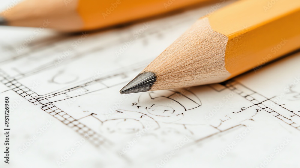 Two pencils lying on a blueprint. Tools for design and architecture. Two pencils lying on a blueprint. Tools for design and architecture.