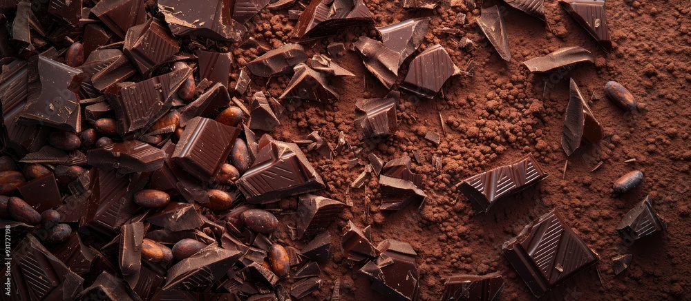 Crushed dark chocolate pieces and cocoa beans culinary backdrop top view. with copy space image. Place for adding text or design Crushed dark chocolate pieces and cocoa beans culinary backdrop top view. with copy space image. Place for adding text or design