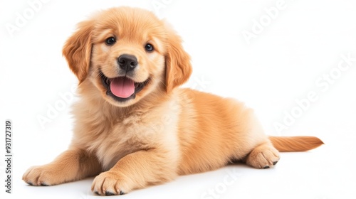 A cute golden retriever puppy sitting on a white background, AI