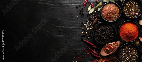 Various spices on a black w...