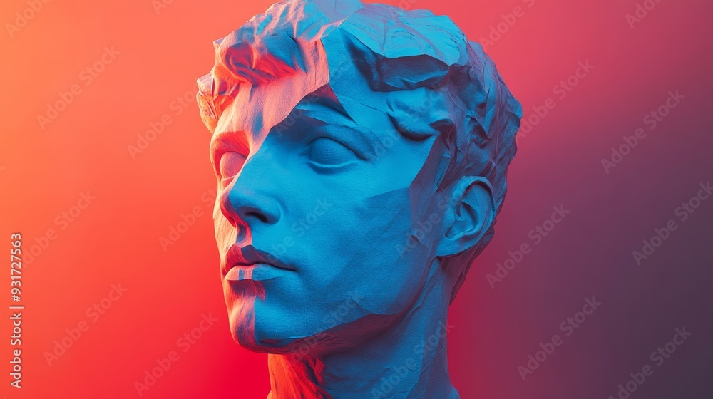 A man's face is shown in a blue and red color scheme A man's face is shown in a blue and red color scheme