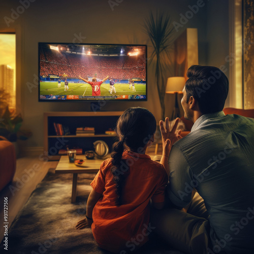 happy indian family watching football match at home