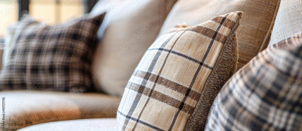 Cushions and plaid on the beige sofa in close up with copy space Cozy home concept Indoors Cushions and plaid on the beige sofa in close up with copy space Cozy home concept Indoors