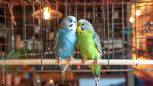 Two Colorful Budgerigars  Perched Inside Cozy Cage Environment

