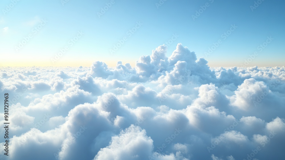 The sky is filled with fluffy white clouds, creating a serene The sky is filled with fluffy white clouds, creating a serene