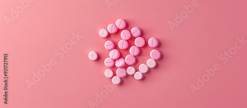 Top view of a percent sign created from pills on a pink background. with copy space image. Place for adding text or design