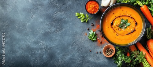Fototapeta Naklejka Na Ścianę i Meble -  Healthy food and clean eating concept Creamy pumpkin and carrot soup made with seasonal spicy fall vegetables accompanied by ingredients on a table Copy space background