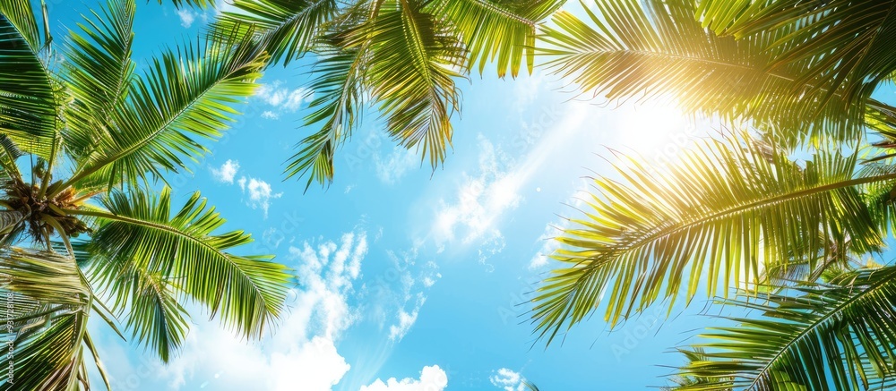 Coconut leaves set against a blue sky backdrop. with copy space image. Place for adding text or design Coconut leaves set against a blue sky backdrop. with copy space image. Place for adding text or design
