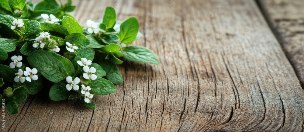 fresh oregano blossoms leaves on aged wooden table close up. with copy space image. Place for adding text or design fresh oregano blossoms leaves on aged wooden table close up. with copy space image. Place for adding text or design