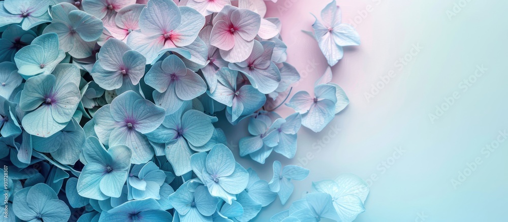 Creative image of pastel blue hydrangea flowers on an artistic ink background Top view with copyspace Creative image of pastel blue hydrangea flowers on an artistic ink background Top view with copyspace