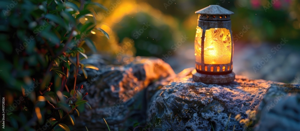 Carved stone lamp decor in a cozy home garden during summer. with copy space image. Place for adding text or design Carved stone lamp decor in a cozy home garden during summer. with copy space image. Place for adding text or design