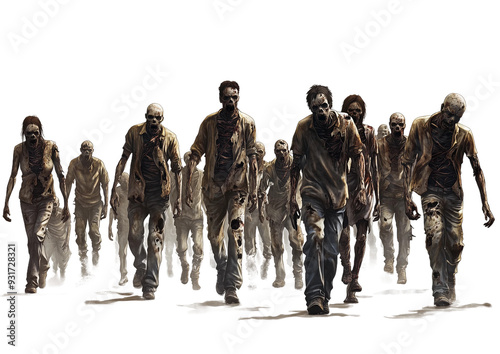 zombie group of different sizes and styles walking in the same direction isolated on transparent background