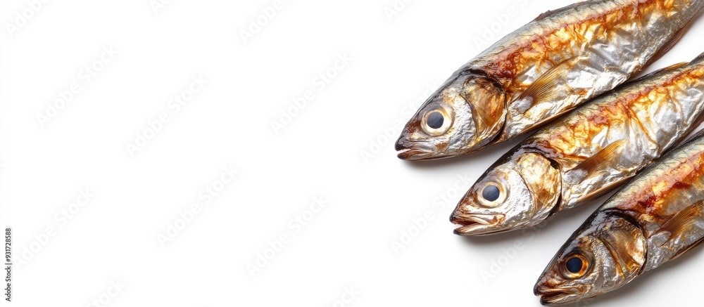 Dried Atka mackerel on a white background top view. with copy space image. Place for adding text or design Dried Atka mackerel on a white background top view. with copy space image. Place for adding text or design