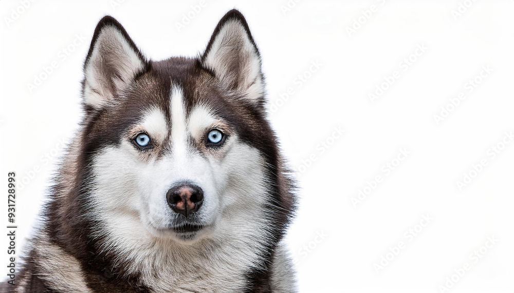 An isolated image of a majestic husky on a white background, with its thick fur and piercing blue eyes, perfect for pet-themed content or winter-related projects. An isolated image of a majestic husky on a white background, with its thick fur and piercing blue eyes, perfect for pet-themed content or winter-related projects.
