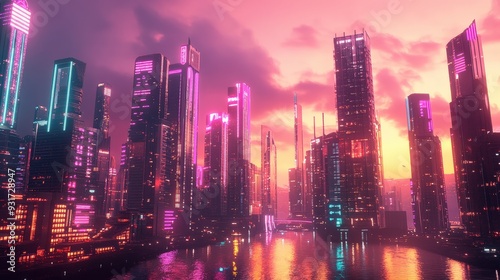 The skyline features towering skyscrapers adorned with neon lights, casting reflections as the sun sets over the waterfront