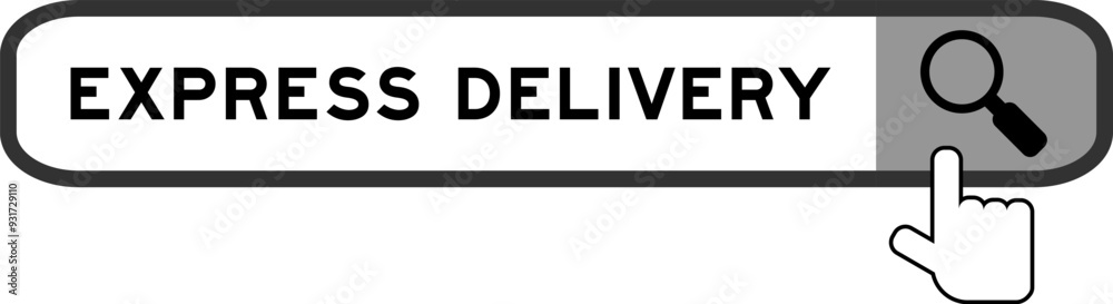 Search banner in word express delivery with hand over magnifier icon on white background Search banner in word express delivery with hand over magnifier icon on white background