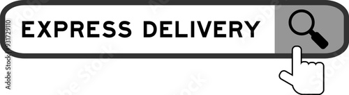 Search banner in word express delivery with hand over magnifier icon on white background
