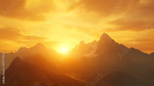 Sunrise over mountain peaks with golden sky