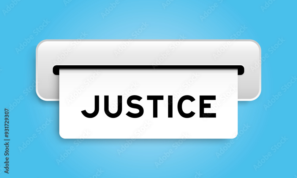 White coupon banner with word justice from machine on blue color background White coupon banner with word justice from machine on blue color background