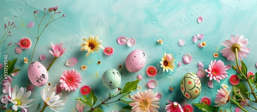 Lovely flowers leaves and Easter eggs on a light background with room for text. with copy space image. Place for adding text or design