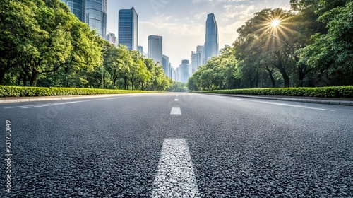 Empty asphalt road with modern skyscrapers in the background, sunlight illuminating a city street scene in an urban center during daylight. AI generated illustration