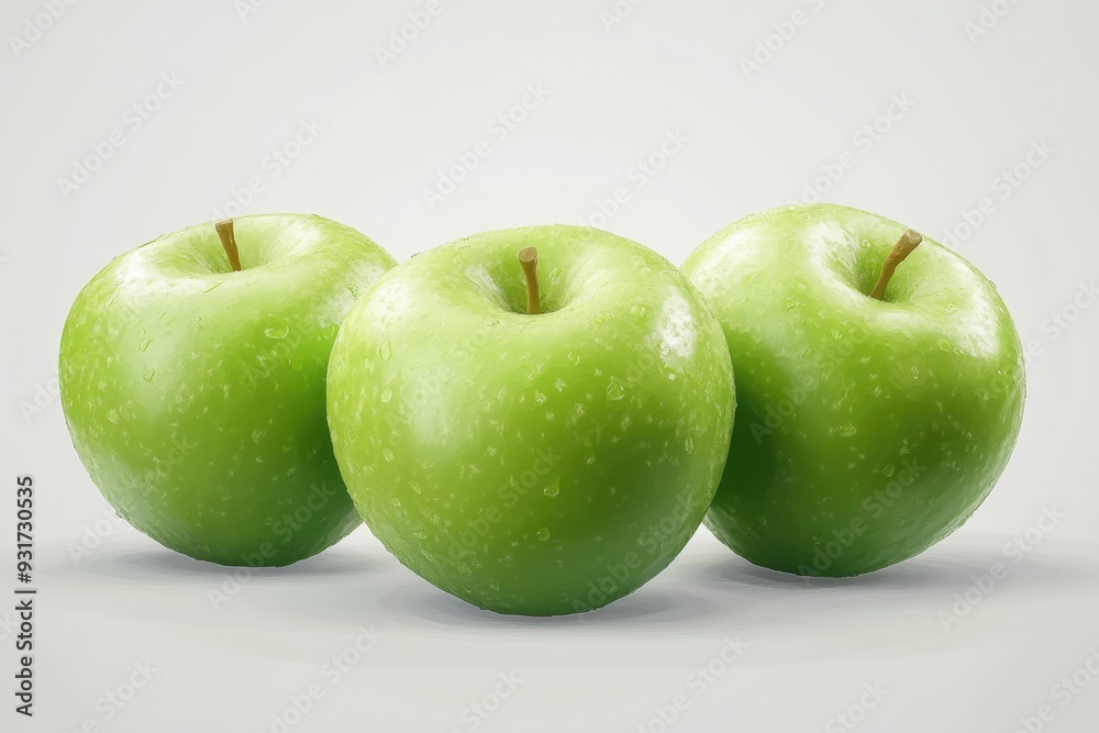 Three Green Apples with Water Droplets on a White Background Three Green Apples with Water Droplets on a White Background