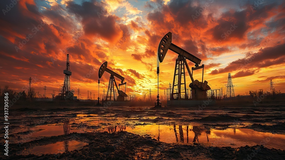 Oil pump jacks silhouetted against the sunset sky, with oil fields and mud puddles on cracked ground. AI generated illustration Oil pump jacks silhouetted against the sunset sky, with oil fields and mud puddles on cracked ground. AI generated illustration