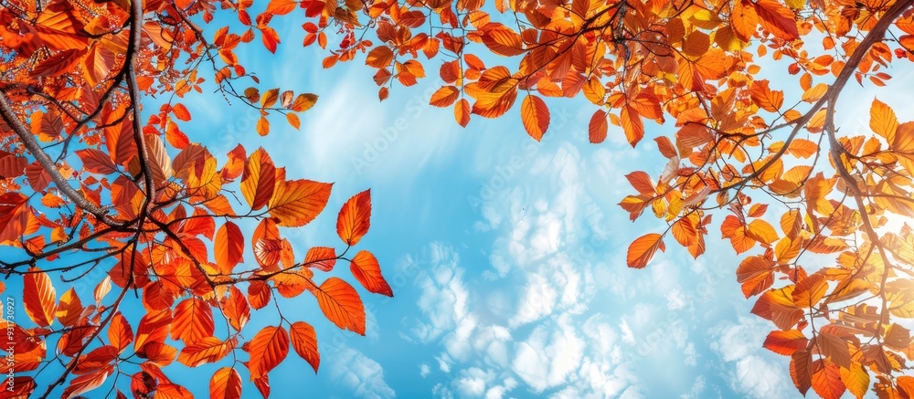 A natural frame composed of branches with autumn colored leaves Trees displaying autumn hues against a blue sky backdrop. with copy space image. Place for adding text or design A natural frame composed of branches with autumn colored leaves Trees displaying autumn hues against a blue sky backdrop. with copy space image. Place for adding text or design
