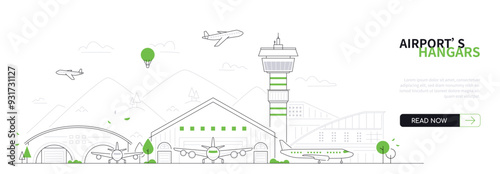 Airport hangars - modern thin line design style vector banner on white urban background. Composition with garages for air transport outside the city limits. Runway, mountains, departure idea