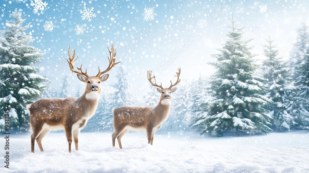 Two deer stand in snowy forest with snowflakes falling Two deer stand in snowy forest with snowflakes falling