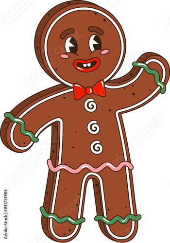 Retro groovy Christmas gingerbread man character with icing decorations, red bow tie, buttons and happy expression. Isolated cartoon vector cheerful gingerbread man, xmas dessert pastry personage