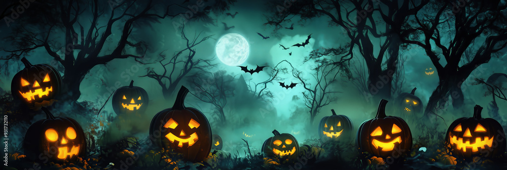 Silhouettes of a Spooky Pumpkin Patch at Night with Glowing Jack-o'-lanterns, Dark Trees, and Rising Mist Creating an Eerie Atmosphere in Various Colors and an Autumn Soft Color Palette
Silhouettes of a Spooky Pumpkin Patch at Night with Glowing Jack-o'-lanterns, Dark Trees, and Rising Mist Creating an Eerie Atmosphere in Various Colors and an Autumn Soft Color Palette