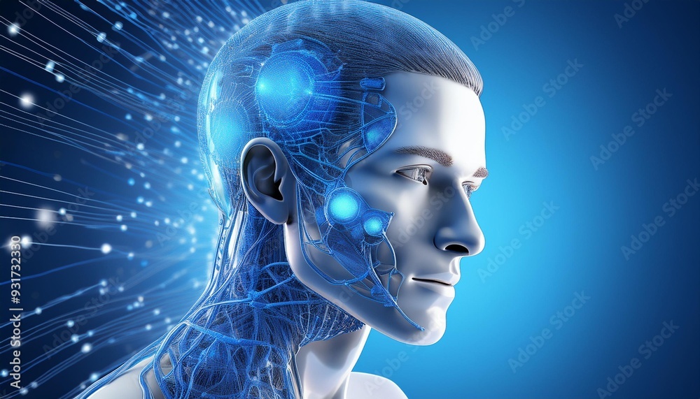 A futuristic representation of a human head with digital brain connections and glowing nodes symbolizing technology and innovation. A futuristic representation of a human head with digital brain connections and glowing nodes symbolizing technology and innovation.