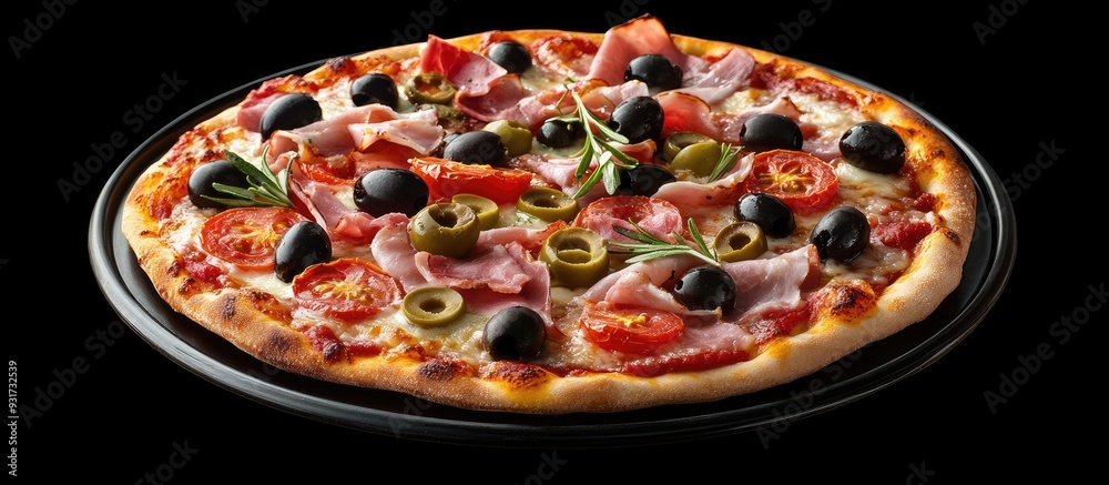Pizza topped with olives tomatoes and ham Still life Variety of pizza. with copy space image. Place for adding text or design Pizza topped with olives tomatoes and ham Still life Variety of pizza. with copy space image. Place for adding text or design