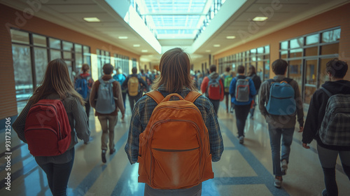 back-to-school season with bustling hallways and students carrying backpacks, capturing the energy and excitement of returning to school