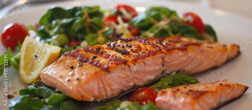 Fried salmon steak served with a side salad. with copy space image. Place for adding text or design